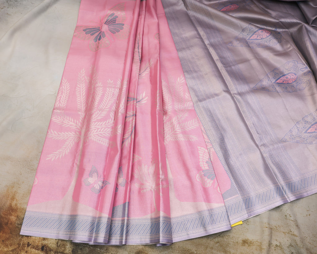 Kanchipuram Tissue Saree with Coconut Tree & Butterfly Motif – Baby Pink