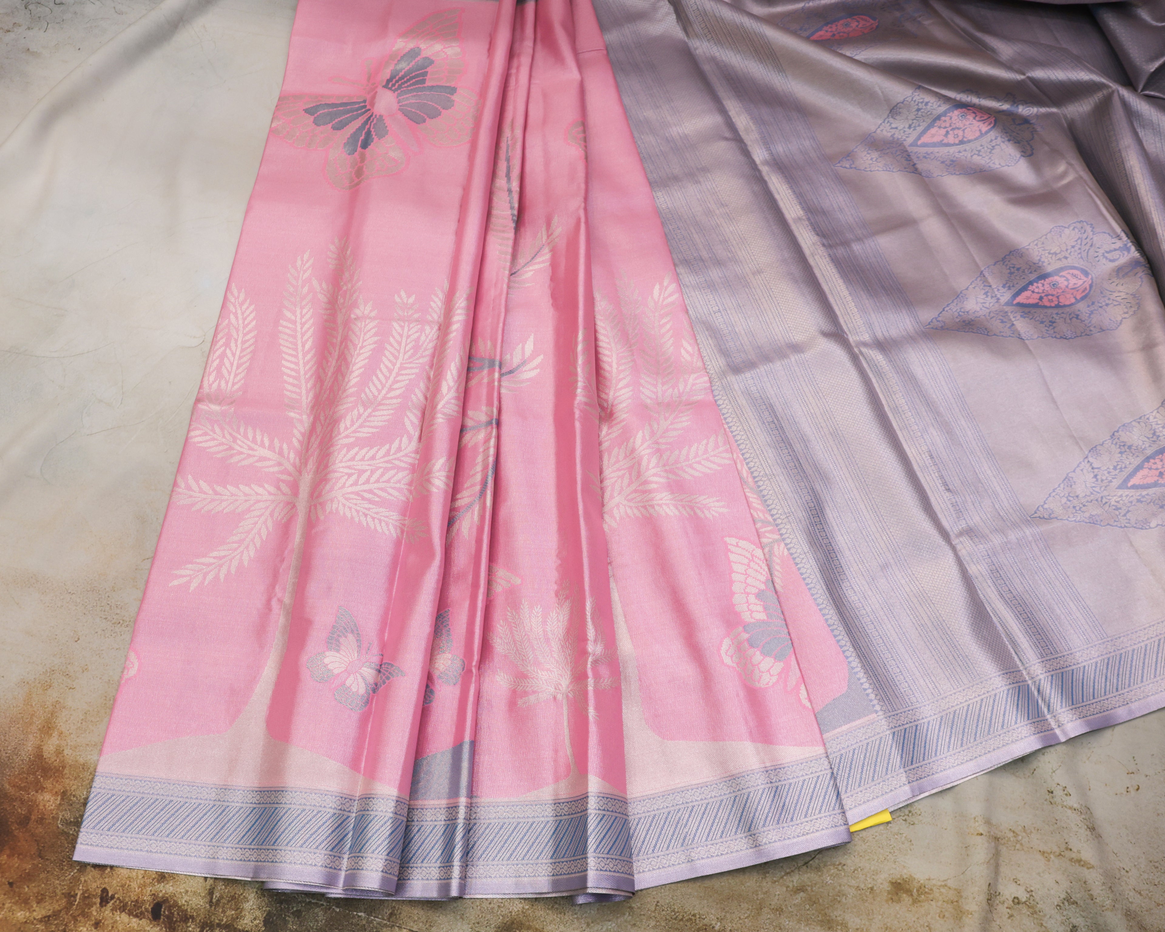 Kanchipuram Tissue Saree with Coconut Tree & Butterfly Motif – Baby Pink