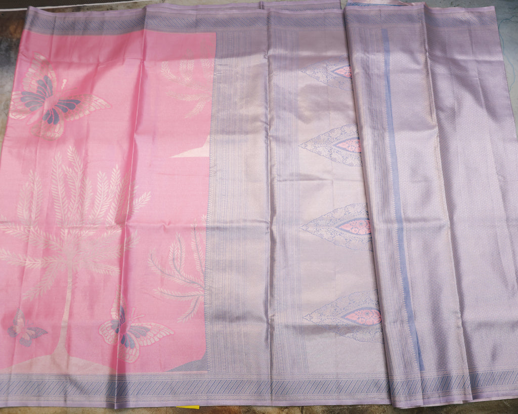 Kanchipuram Tissue Saree with Coconut Tree & Butterfly Motif – Baby Pink