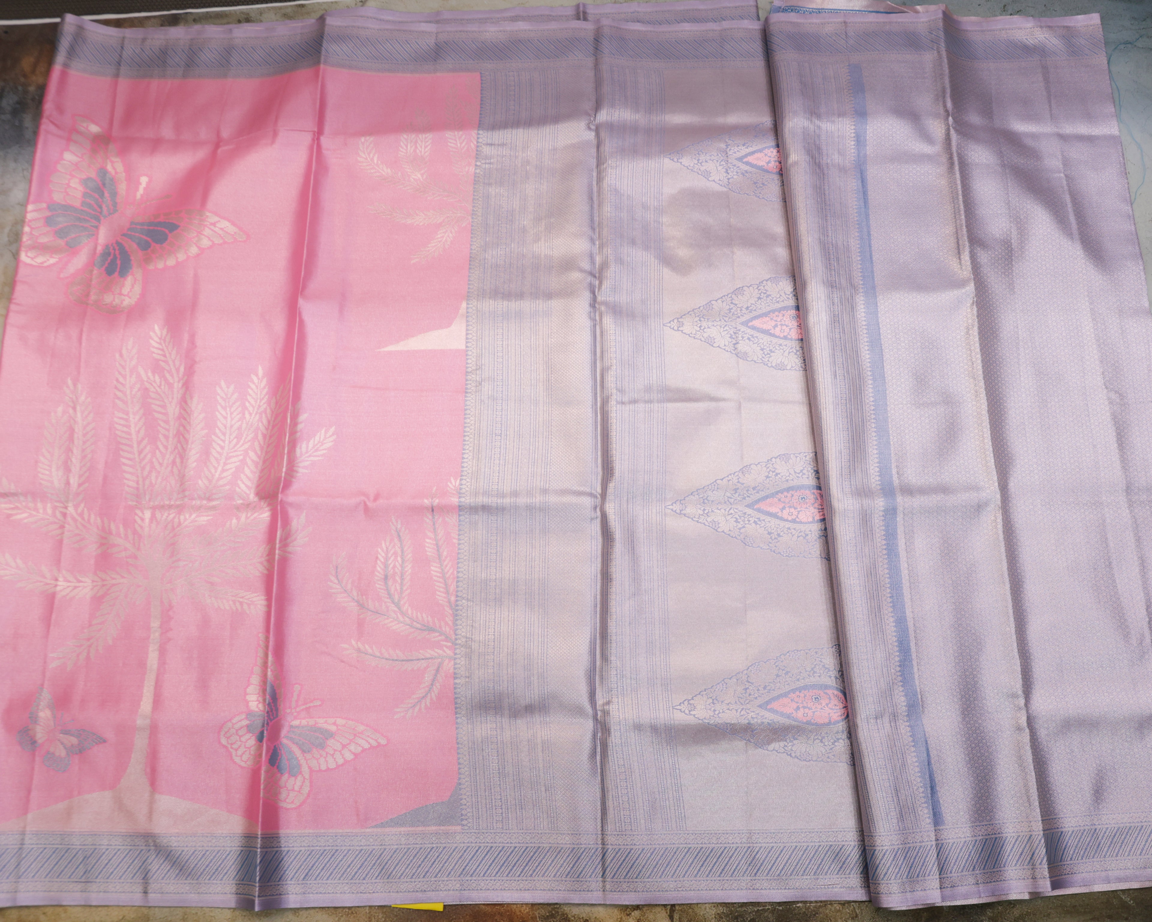 Kanchipuram Tissue Saree with Coconut Tree & Butterfly Motif – Baby Pink