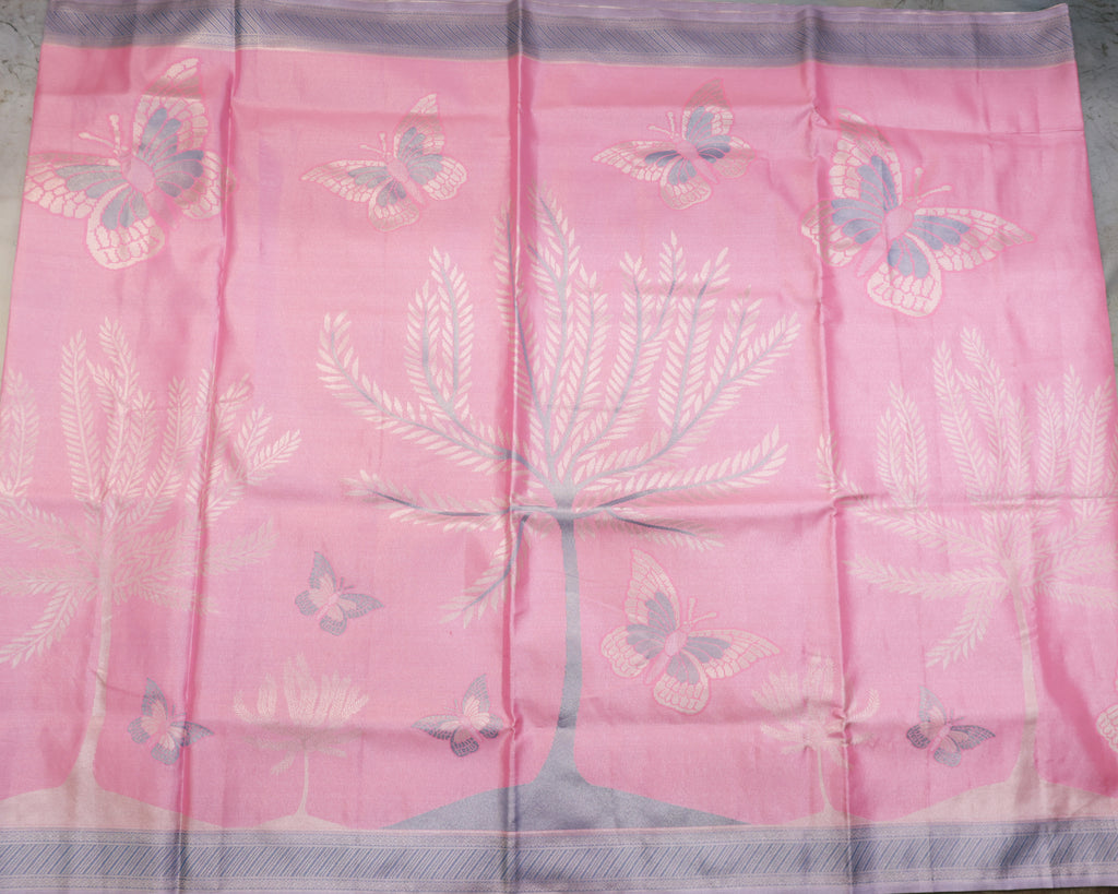 Kanchipuram Tissue Saree with Coconut Tree & Butterfly Motif – Baby Pink