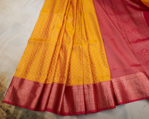 Kanchipuram All Over Bridal Yellow Saree with Copper Zari