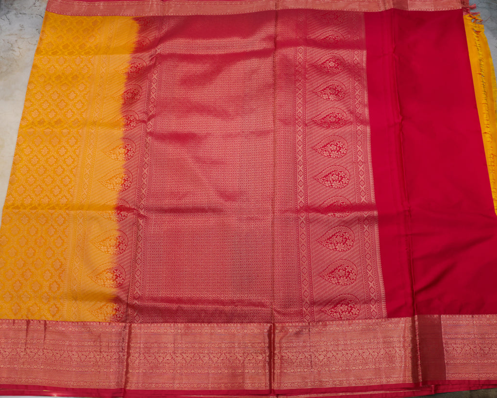 Kanchipuram All Over Bridal Yellow Saree with Copper Zari