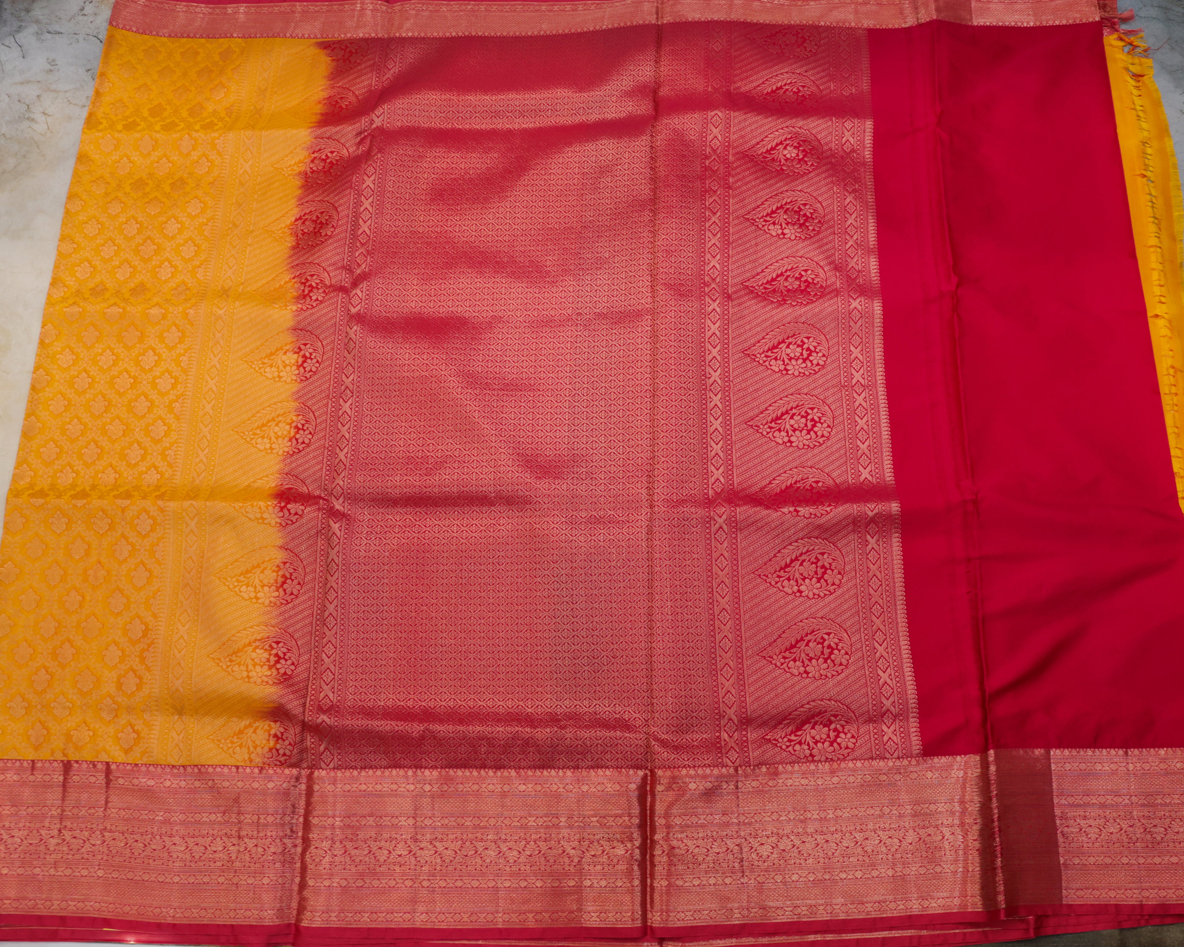 Kanchipuram All Over Bridal Yellow Saree with Copper Zari