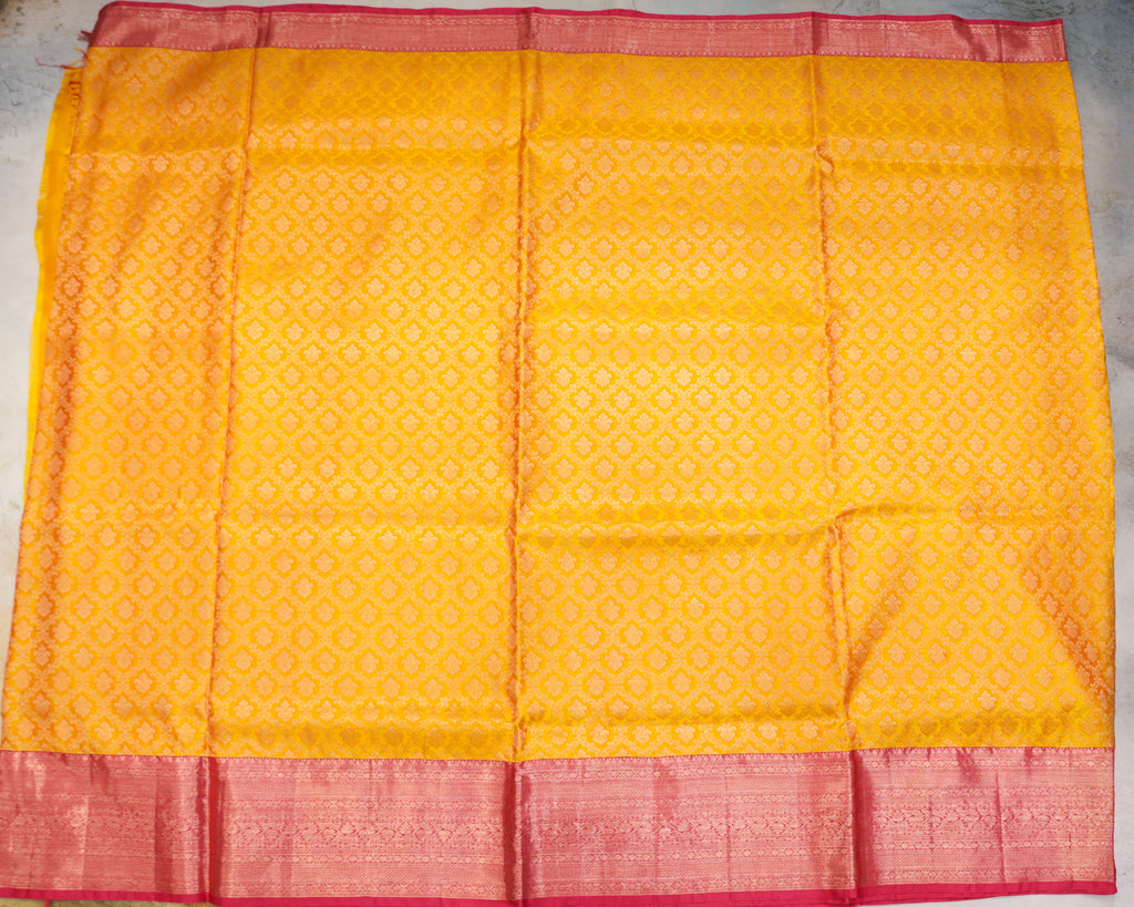 Kanchipuram All Over Bridal Yellow Saree with Copper Zari