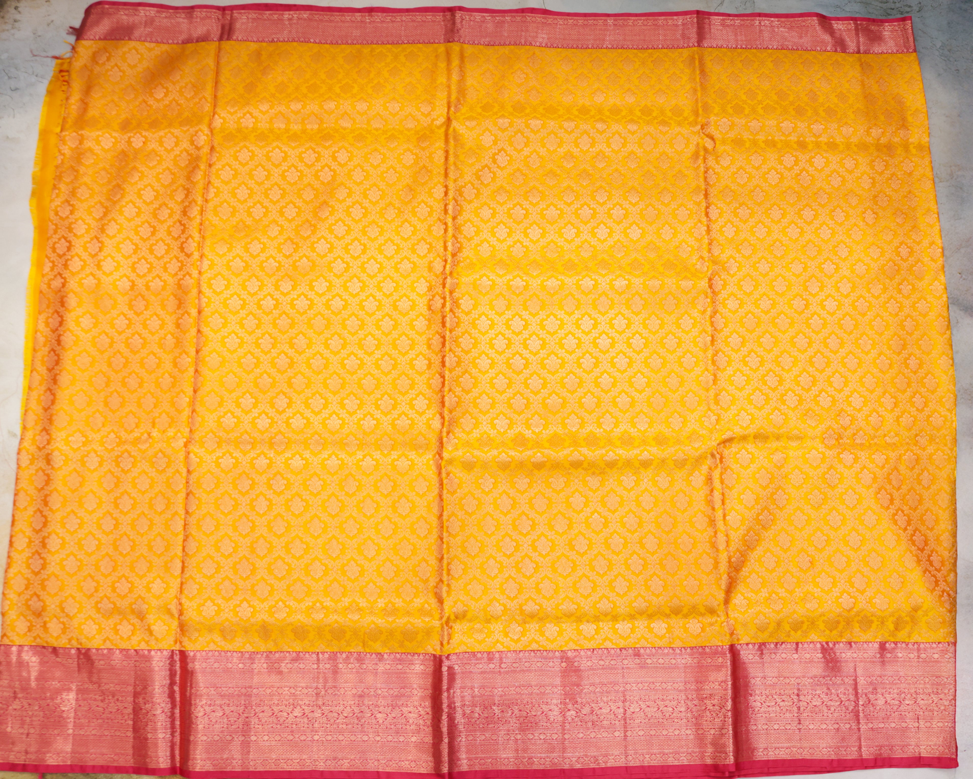 Kanchipuram All Over Bridal Yellow Saree with Copper Zari