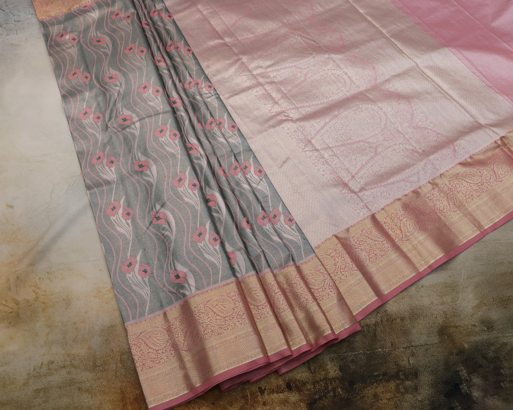 Kanchipuram Tissue Saree with Crepers Design in Green Golden Tones