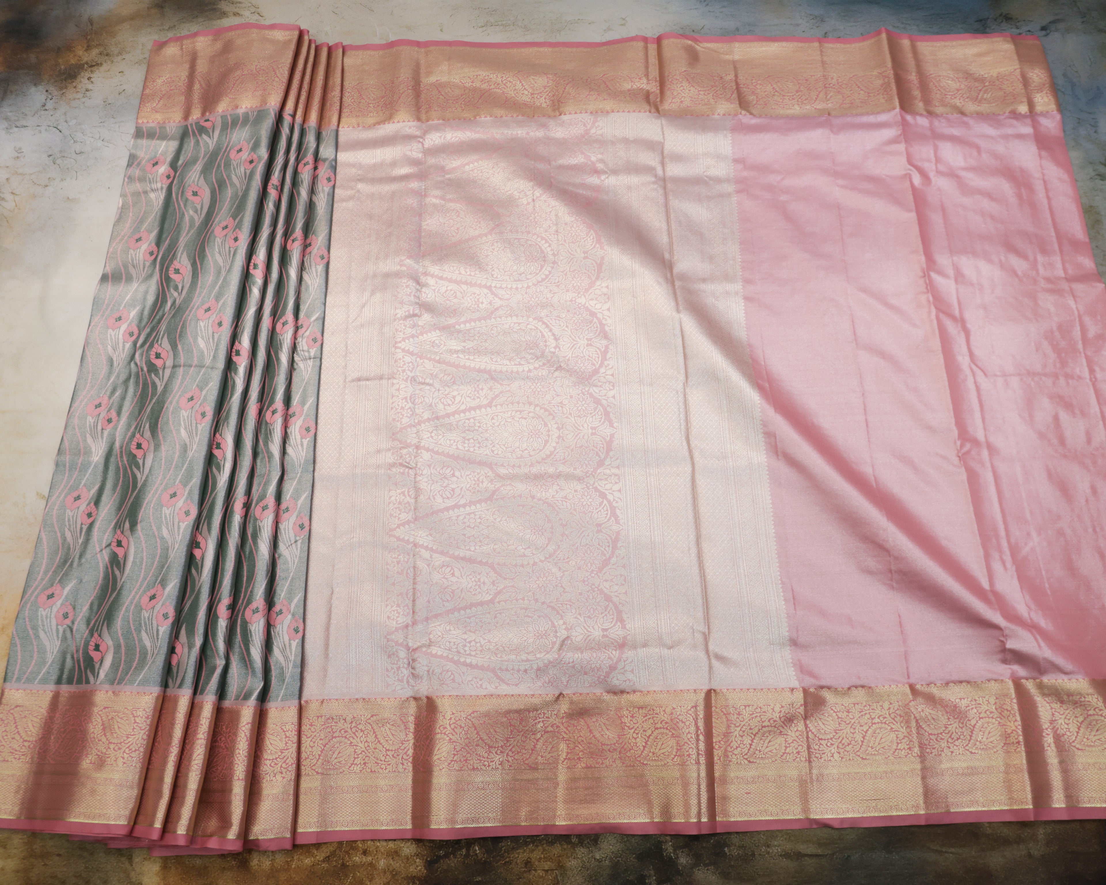 Kanchipuram Tissue Saree with Crepers Design in Green Golden Tones