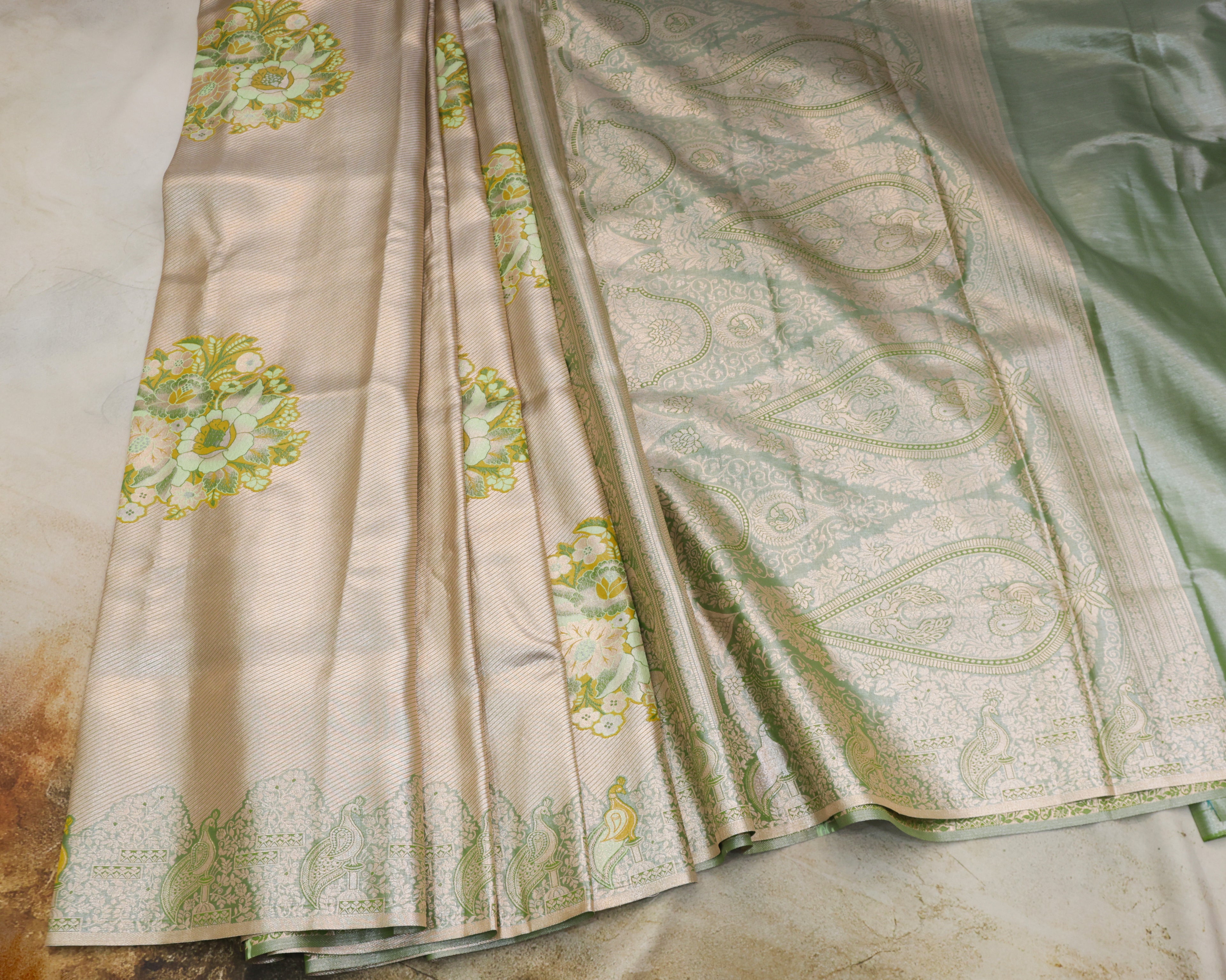 Kanchipuram Tissue Fancy Saree with Meenakari Floral Motifs