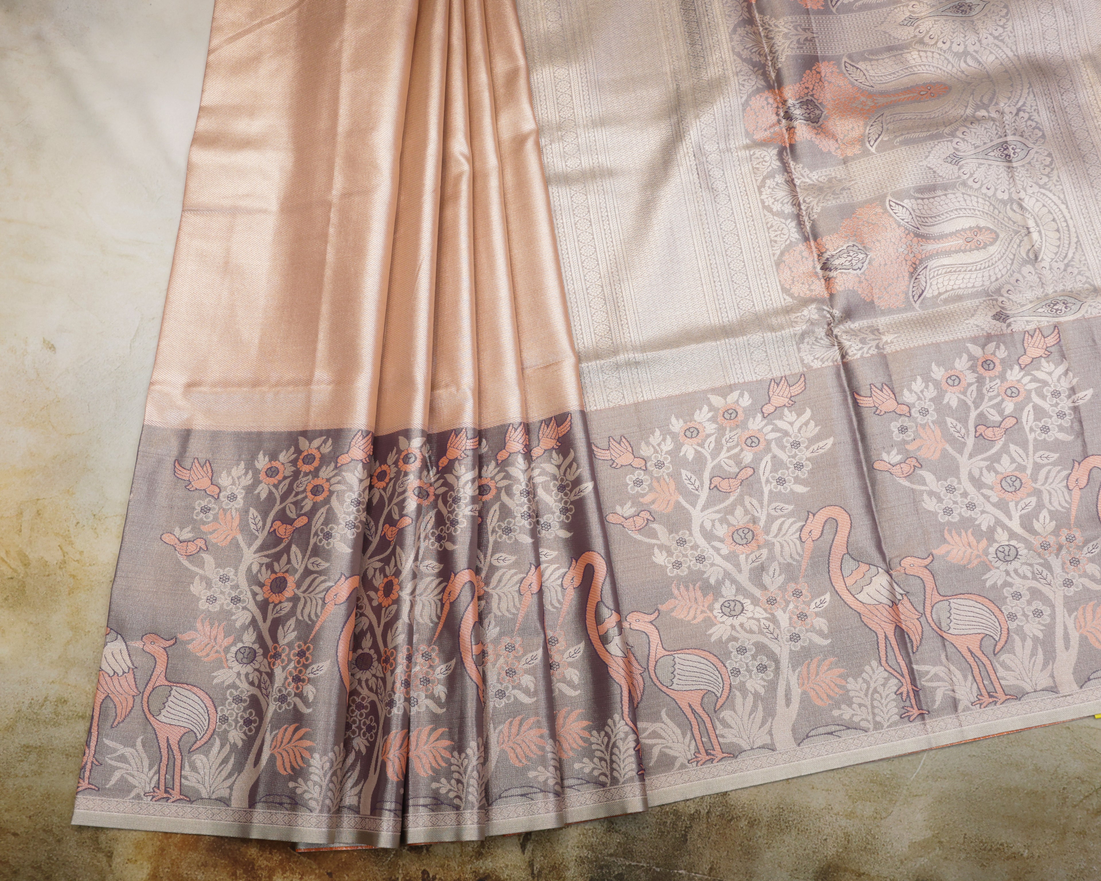 Kanchipuram Tissue Fancy Saree in Orange Golden with Meena Kari Work