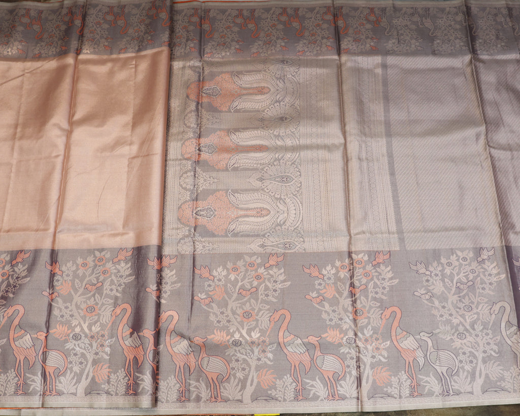 Kanchipuram Tissue Fancy Saree in Orange Golden with Meena Kari Work