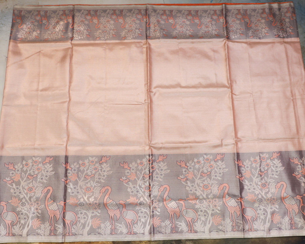 Kanchipuram Tissue Fancy Saree in Orange Golden with Meena Kari Work