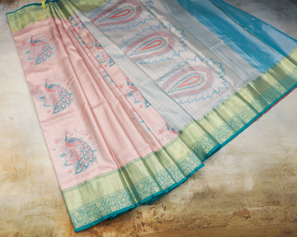 Kanchipuram Tissue Peacock Meena Kari Saree in Brick Tones