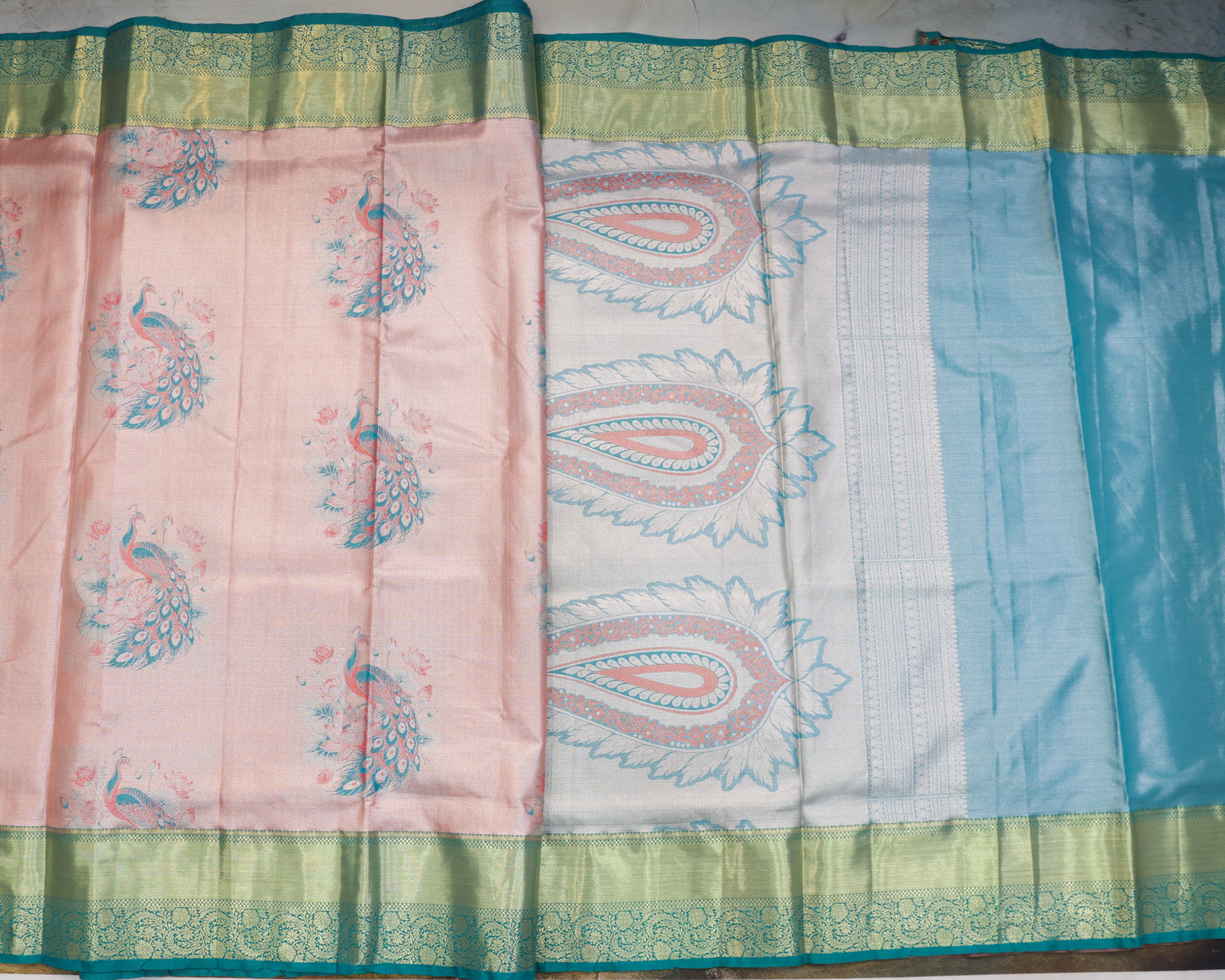 Kanchipuram Tissue Peacock Meena Kari Saree in Brick Tones