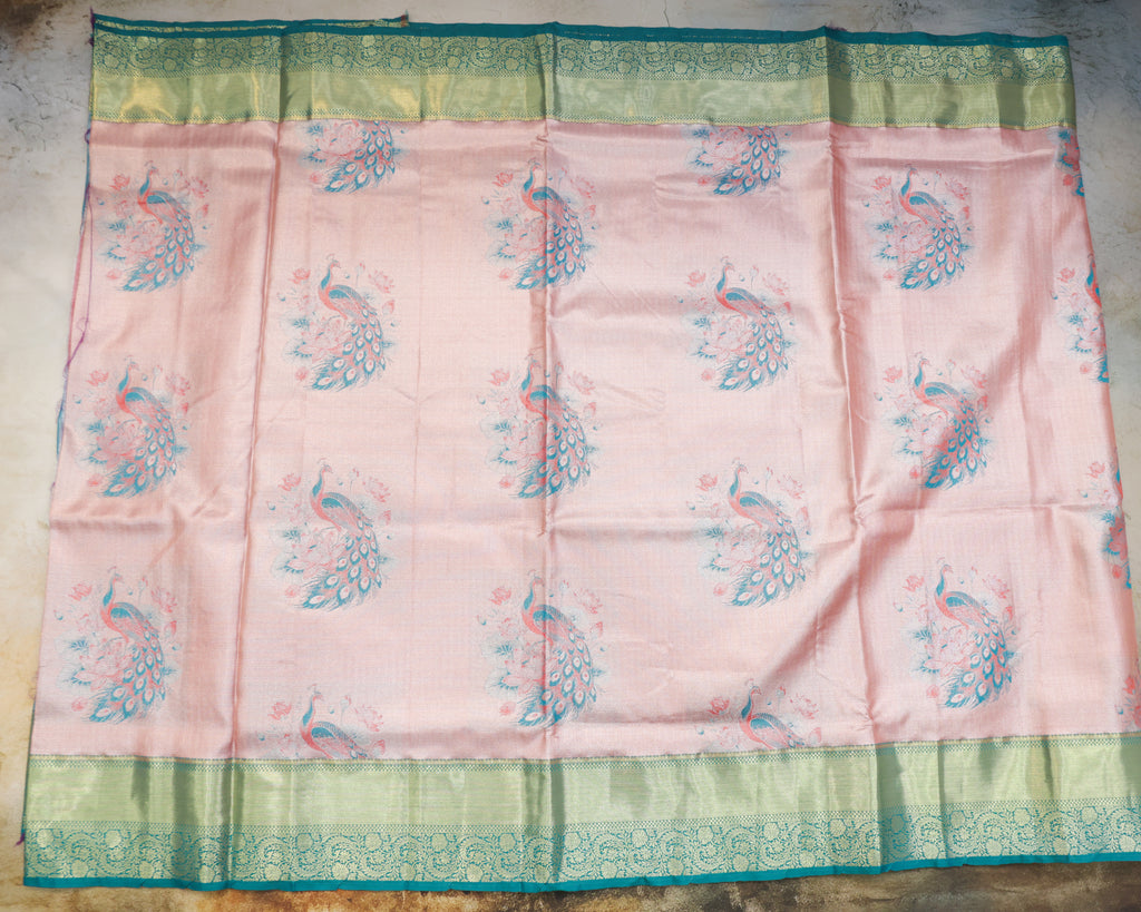 Kanchipuram Tissue Peacock Meena Kari Saree in Brick Tones