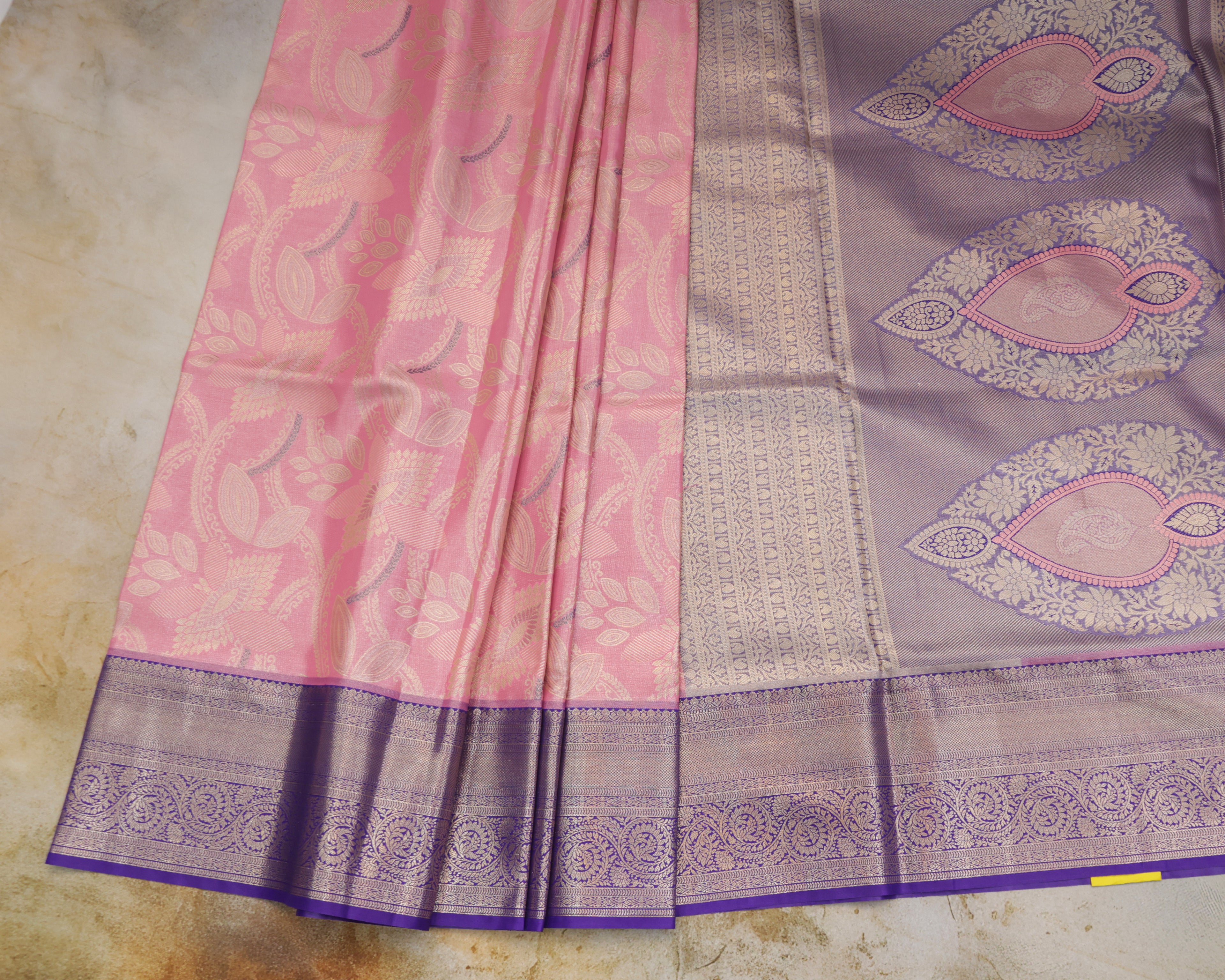 Pink Kanchipuram Tissue Saree with All-Over Golden Zari Design