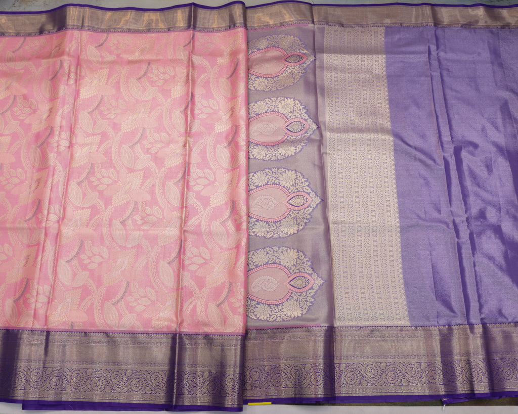 Pink Kanchipuram Tissue Saree with All-Over Golden Zari Design