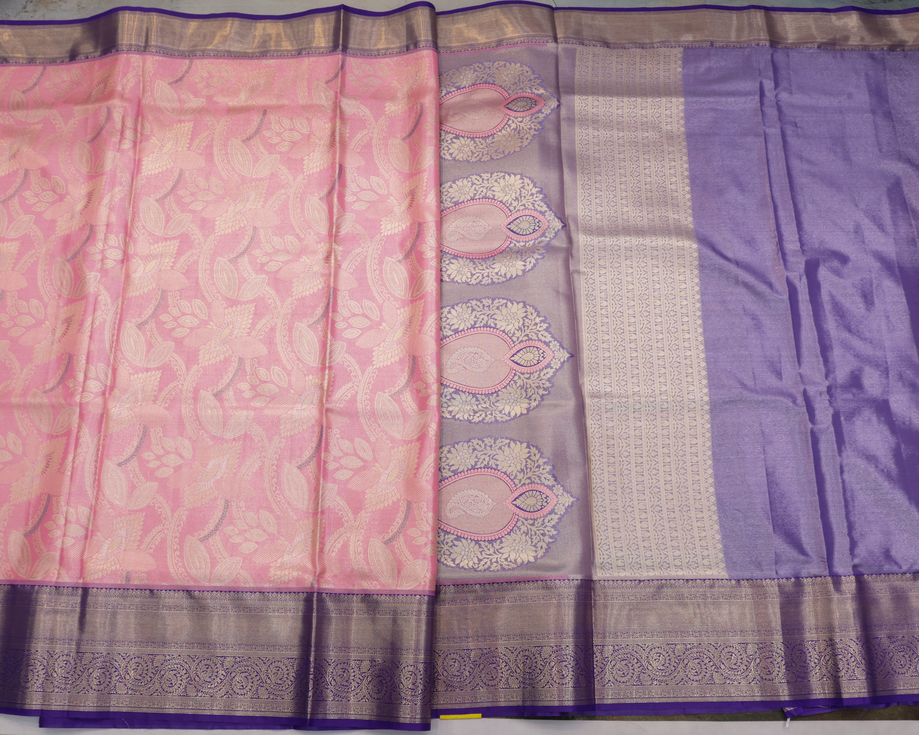 Pink Kanchipuram Tissue Saree with All-Over Golden Zari Design