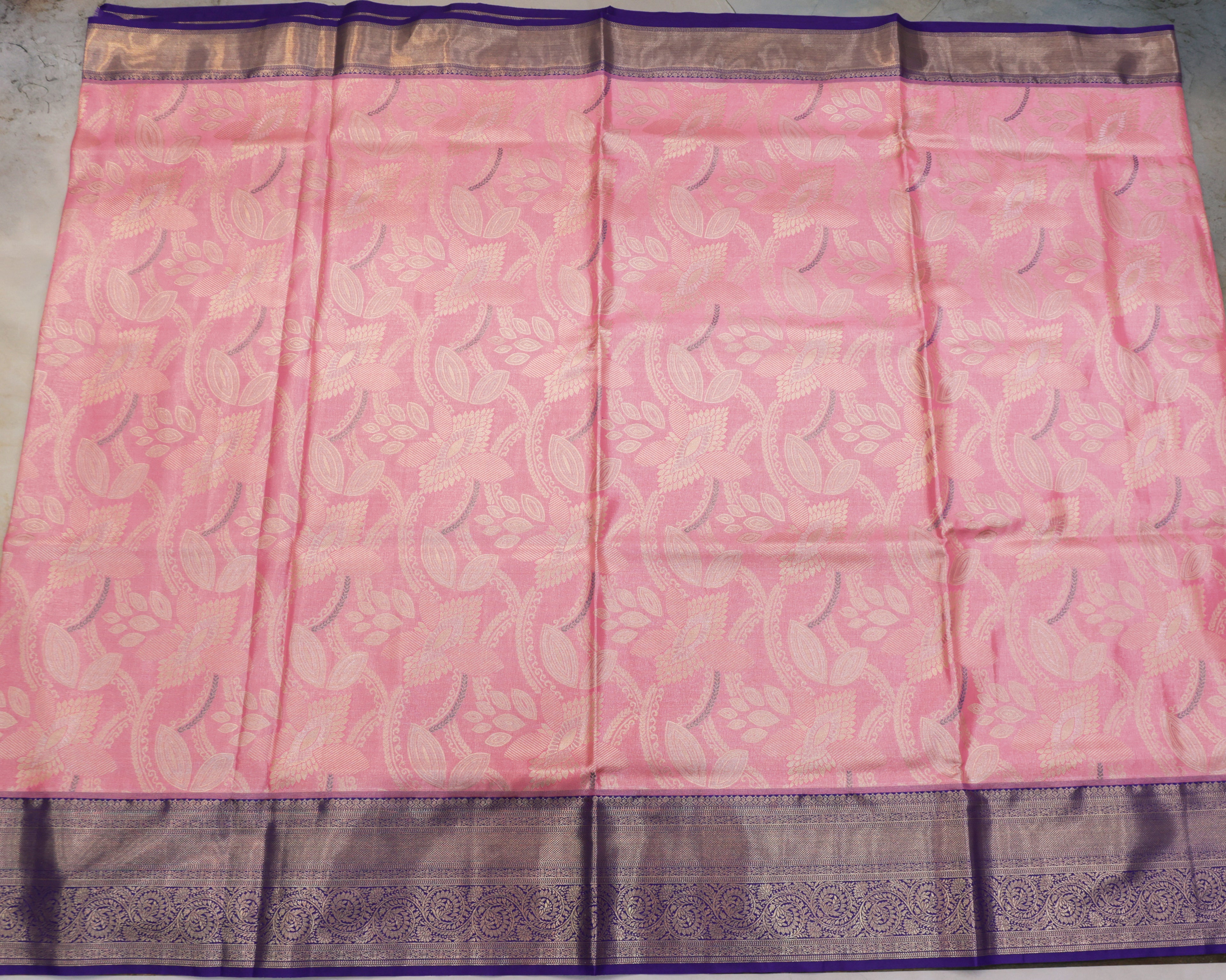 Pink Kanchipuram Tissue Saree with All-Over Golden Zari Design