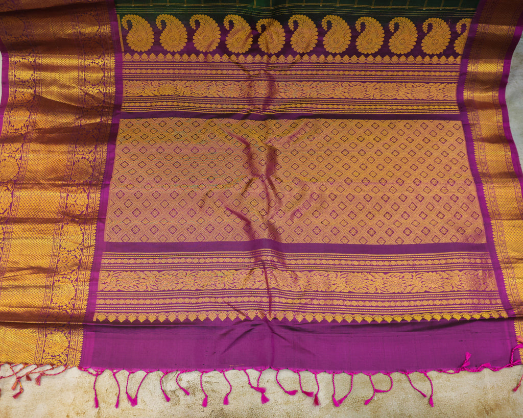 Gadwal Pure Silk Saree – Bottle Green & Purple with Golden Zari