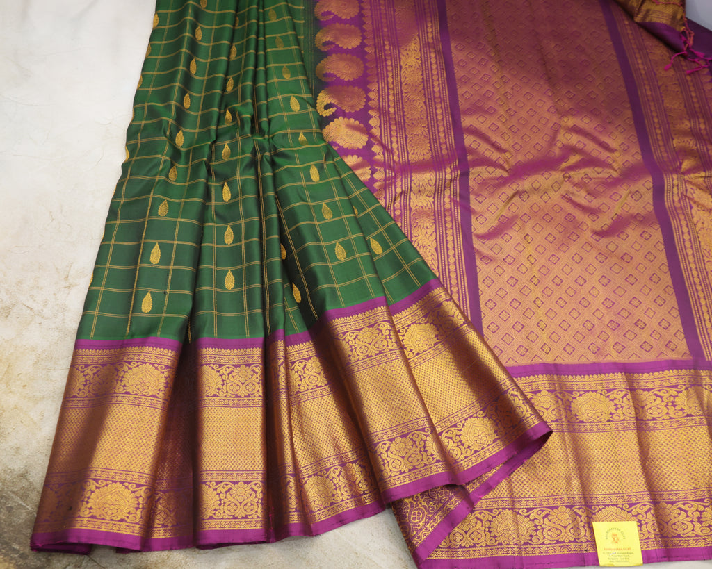 Gadwal Pure Silk Saree – Bottle Green & Purple with Golden Zari