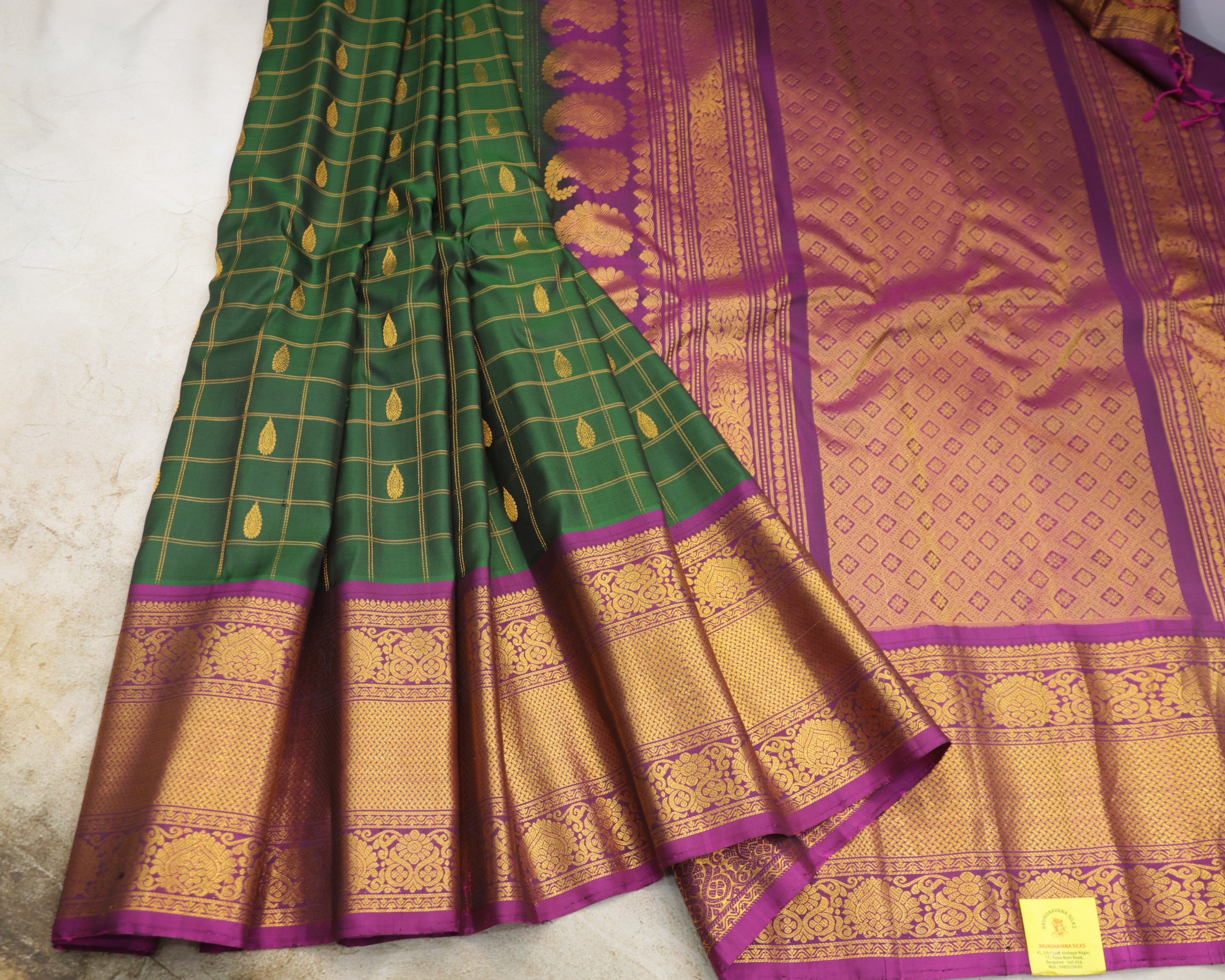 Gadwal Pure Silk Saree – Bottle Green & Purple with Golden Zari