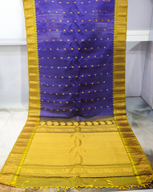 Gadwal pure silk saree in royal blue with olive green Temple Border