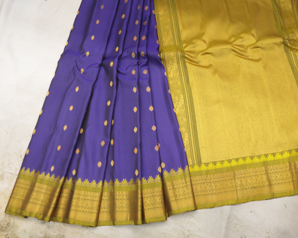 Gadwal pure silk saree in royal blue with olive green Temple Border