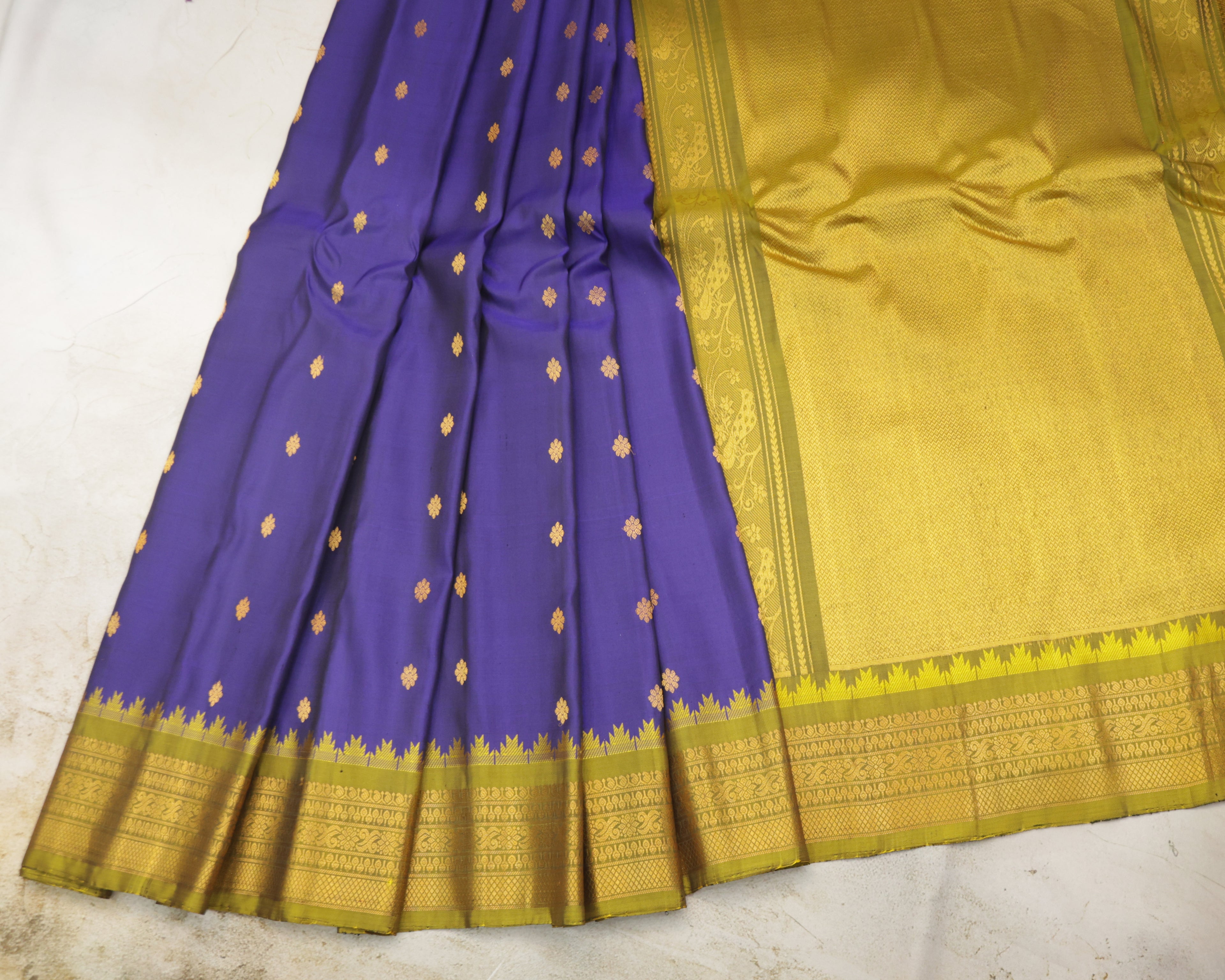 Gadwal pure silk saree in royal blue with olive green Temple Border