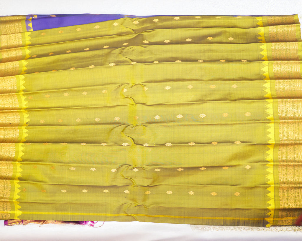 Gadwal pure silk saree in royal blue with olive green Temple Border