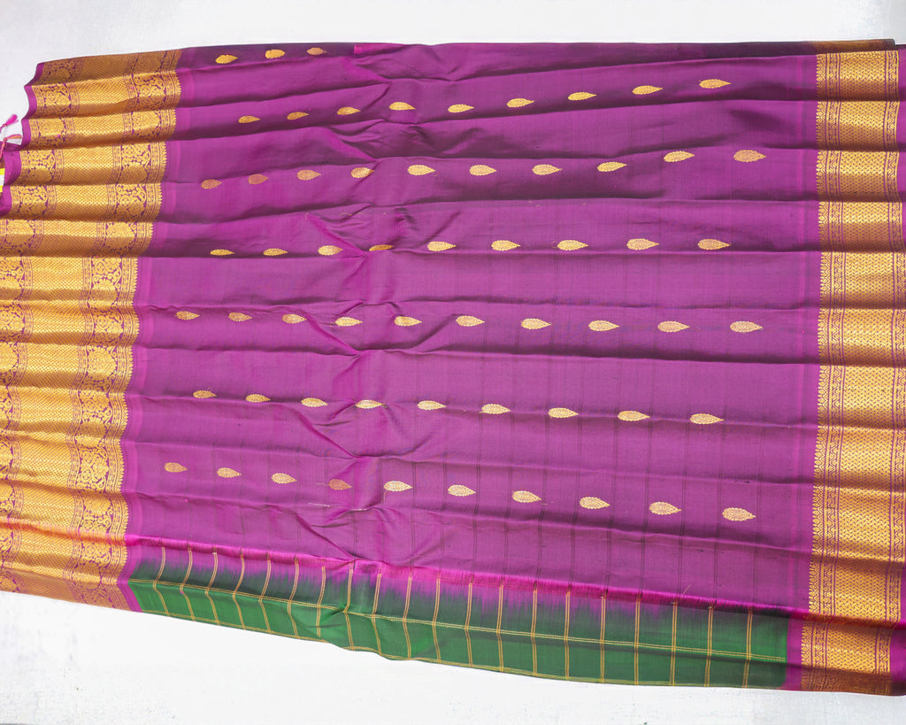 Gadwal Pure Silk Saree – Bottle Green & Purple with Golden Zari