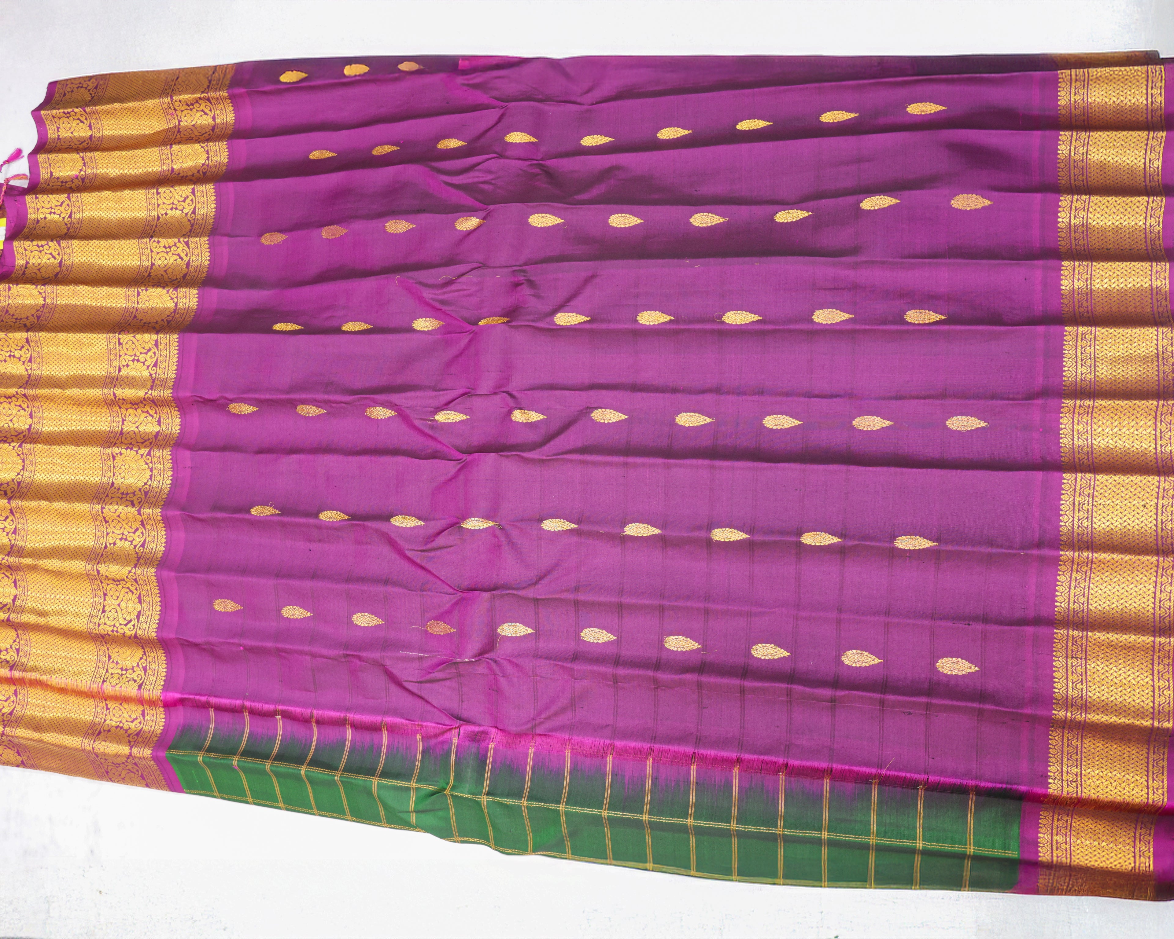 Gadwal Pure Silk Saree – Bottle Green & Purple with Golden Zari